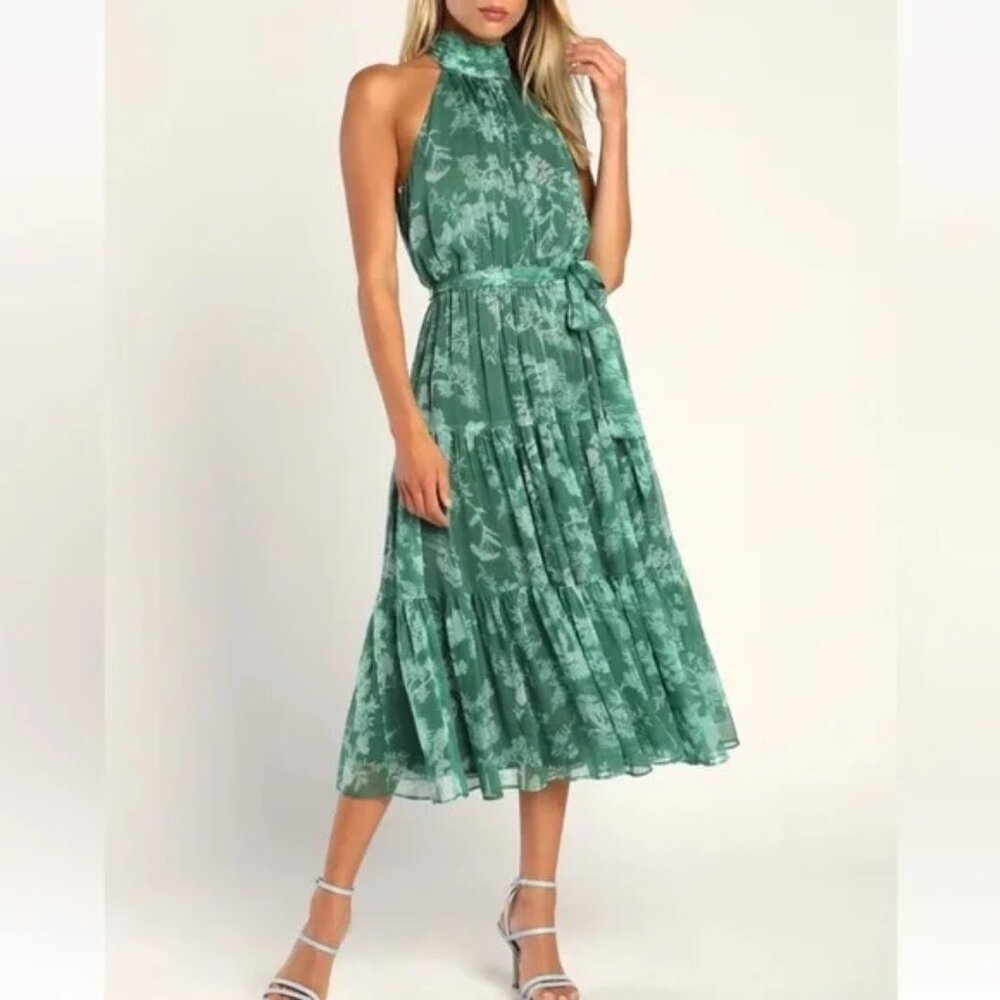 NWT: Lulu's Float To You Green Floral Tiered Halter Dress  Midi, Size XS